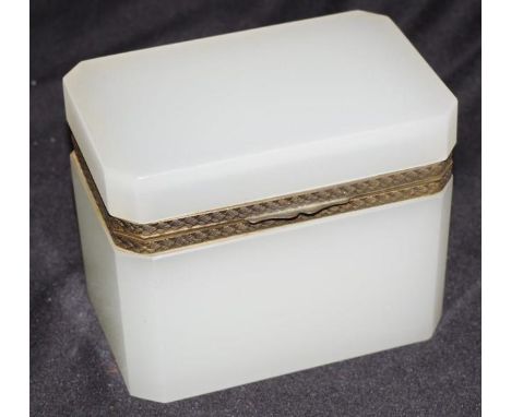 Vintage milk glass lidded box with decorative silver plate rims, (height11cm, length 13.5cm approx).