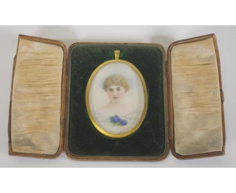 Antique portrait miniature in oval frame with fitted box, hand painted &amp; signed 'L Johnstone', 8cm high approx