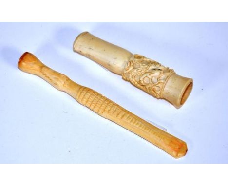 Two antique Chinese carved ivory cheroot holders one alligator form, the other carved with a dragon, larger 11cm long approx.