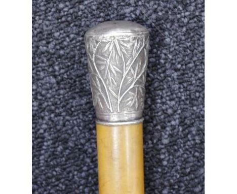 Chinese silver topped walking stick with horn tip, 88cm long approx.