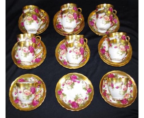 Extensive Royal Chelsea 'Golden Rose' coffee set including 14 coffee cups and saucers, (plus 1 additional saucer), rose decor