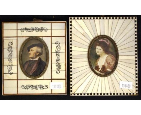 Two vintage framed portrait miniatures Lady Hamilton &amp; Wagner, both in inlaid ivory frames, 12.5cm x 10.5cm (largest) app