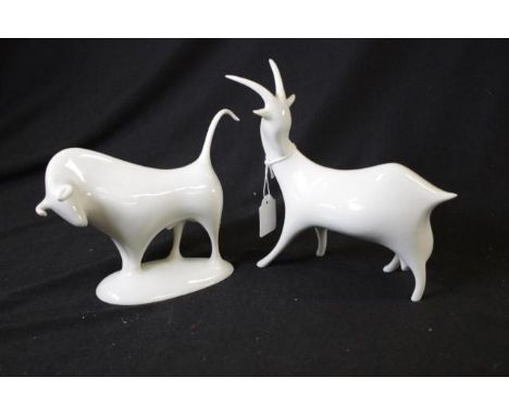 Two Royal Dux ceramic animal figures including bull, (height 13cm approx), and deer, (height 17cm approx).