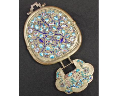 Chinese enamel and silver plate hanging mirror with ornate floral decoration, height 31.5cm approx