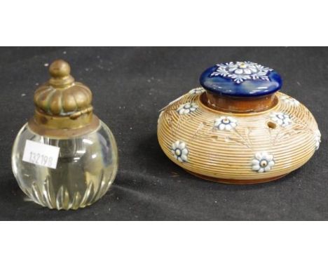 Vintage Doulton Burslem ceramic ink well embossed floral decoration, marked to base, (small rim chips to inkwell top and lid)
