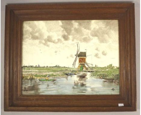 Large Vintage Delft framed ceramic tile Windmill in a Lake and Landscape scene, signed Delft lower left, with artist's initia