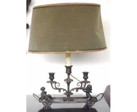 Silver plated electric lamp with shade, 41cm high approx