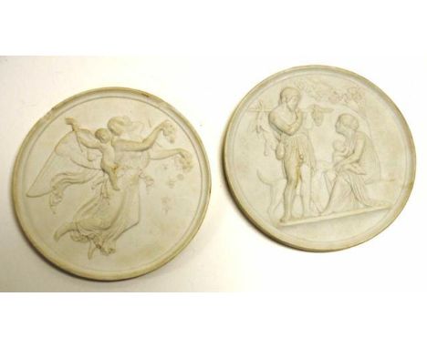 Two Danish parian ware plaques each with a classical scene in relief, one marked B&amp;G, the other with three lines for Roya