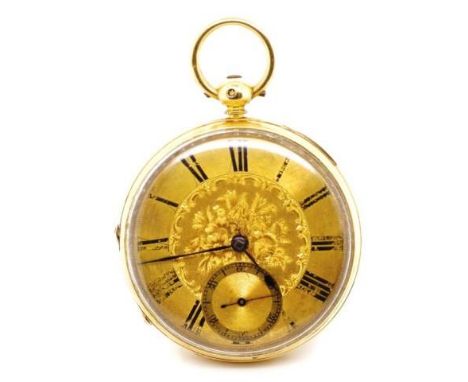 18ct yellow gold pocket watch chased gold back, gilt face with black roman numerals.  Second sweep hand. Hallmarked London 18