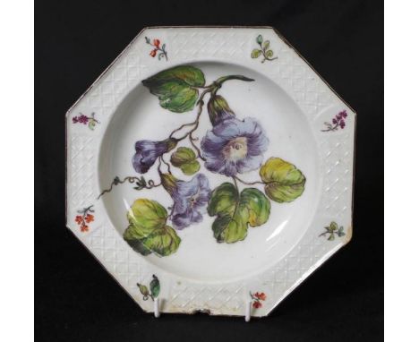 Georgian Chelsea soup plate blossom and leaf decorated, relief painted in style of Hans Sloane, circa 1750, Ceramic Collector