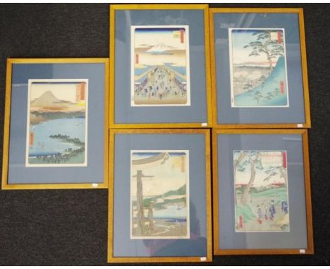 Set five framed Japanese woodblock prints each with character marks upper right, in matching wood frames, (33cm X 22cm approx