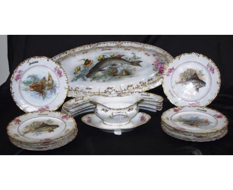 Vintage eighteen piece German ceramic fish set including 10 dinner plates, (1 plate restored), 6 kidney shape dishes, sauce j