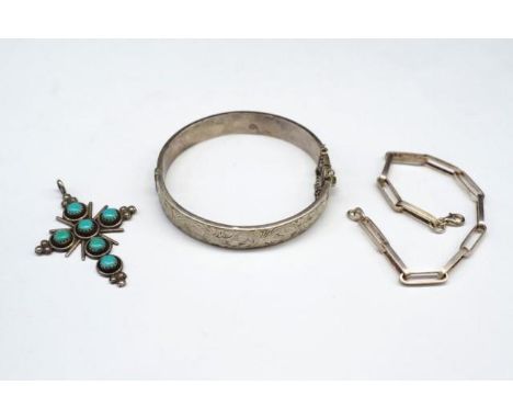 A silver, bangle, cross and bracelet the bangle has a hinged mechanism and box clasp. Marked STG sil, 925 mark to bracelet. A