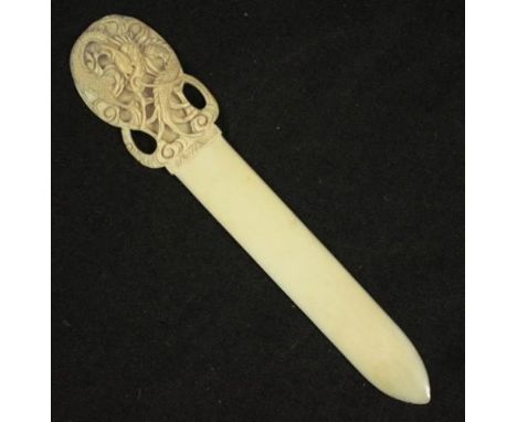Vintage Chinese carved ivory letter opener carved dragon decoration to handle. C:1930, This item will may not be exported. (L