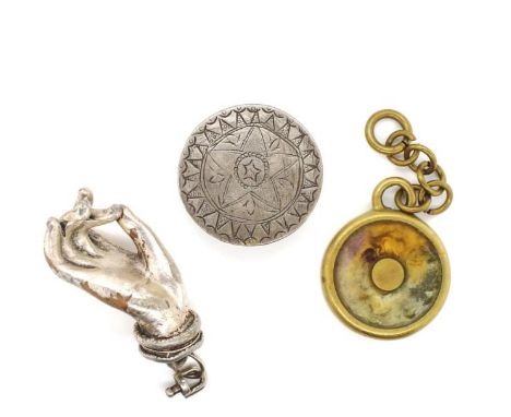 Central Asian jewellery group includes a silver on cooper Buddha's hand, a engraved silver stud button, as well as a amulet