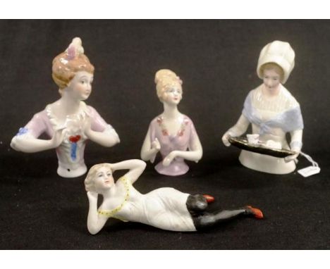 Vintage ceramic Bathing Beauty figure Woman with Yellow Bodice, (length 14cm approx); together with 3 various ceramic half do
