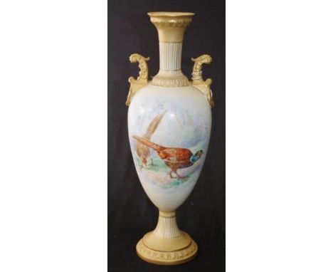 Vintage Royal Vienna ornamental mantle vase painted pheasant decoration, dual handles, marked to base, (height 35cm approx).