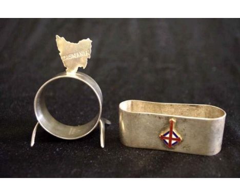 Vintage silver plate Tasmania souvenir napkin ring together with another silver plate napkin ring, decorated with enamel cros