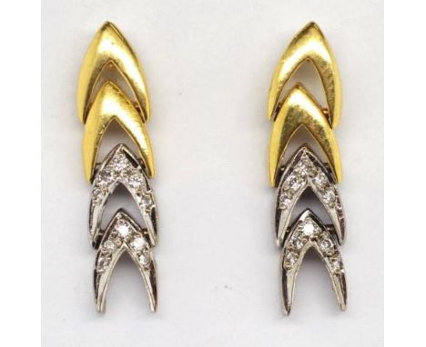 18ct two tone gold and diamond earrings graduated handing arrow form links grain set with diamonds marked 750 to butterfly ba