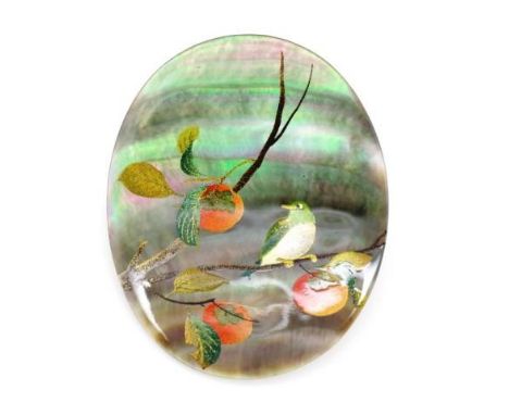 Japanese hand painted shell pendant / brooch depicting a white eyed warbler sitting amongst Fuji apples. Approx 44mm x 55mm. 