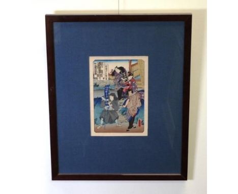 Japanese framed woodblock print Figures at the River, signed in the print lower right, (21cm X 14cm approx).