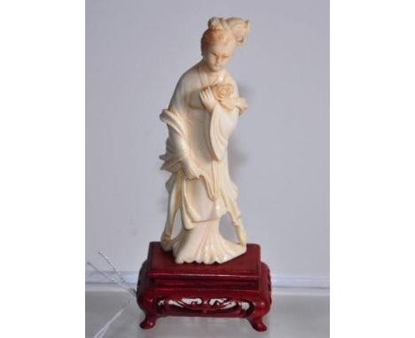 Vintage carved ivory figure of a lady on timber stand, 10cm high not including stand, C:1930, NB this item cannot be exported