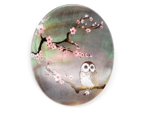 Japanese hand painted shell pendant / brooch decorated with an owl sitting in a cherry blossom tree. pprox 44mm x 55mm. Japan