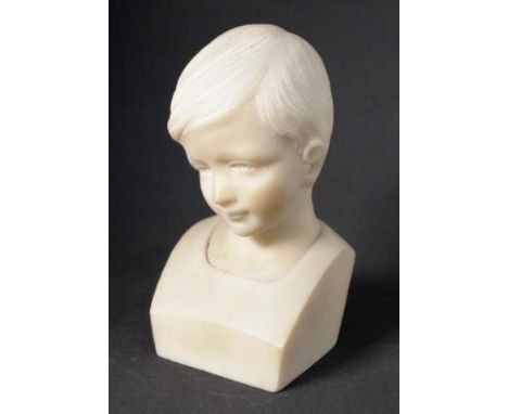 Carved alabaster child's head figure a carved portrait of a young boy, (height 16cm approx).