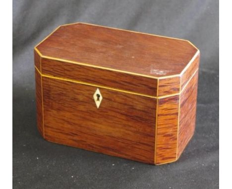 Georgian partridge wood tea caddy with boxwood strung edges and an inlaid ivory lozenge-shaped escutcheon, cir19cm x 11cm, 12