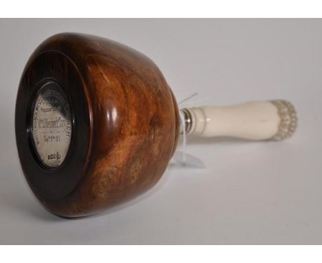 Edwardian Lignum Vitae Presentation mallet with ivory handle &amp; sterling silver inscription plate, inscribed 'Whitchurch W