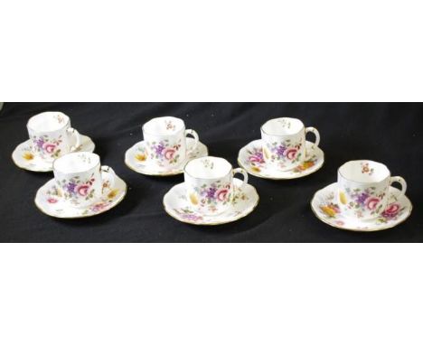 Twelve piece set Royal Crown Derby coffee cups 'Derby Posies,' pattern, including 6 each coffee cups and saucers.