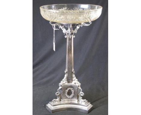 Vintage silver plate centrepiece crystal bowl to  top, with with decorative collar, to column, and tri-form base, decorated w