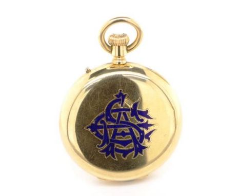 Swiss gold ladies half hunter fob watch made by Charles Frodsham, with enamel dial and black roman numerals. Blue enamel dial