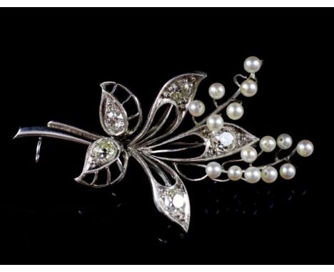 Art deco palladium, diamond and pearl brooch of Lily of the Valley form. Unmarked approx weight 4.9 grams, 15x pearls, total 