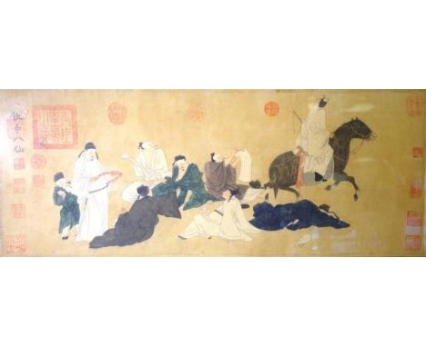 Chinese framed watercolour Man on Horseback with Attendants, watercolour print, signed in characters upper and lower right, (