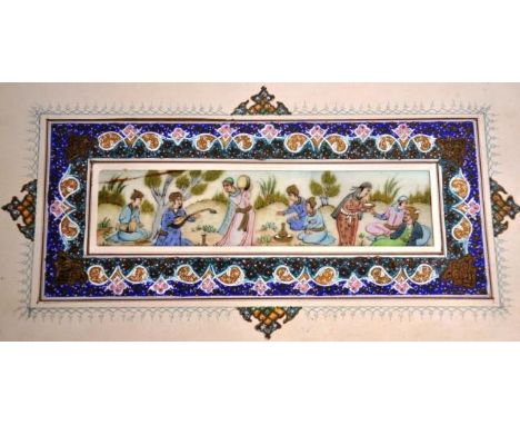 Vintage Indian handpainted figural scene on ivory in a decorative frame, 3.5cm x 15.5cm image approx., C:1950, NB This item c