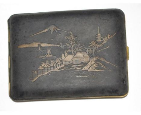 Japanese damascene cigarette case traditional Mount Fuji and village, gold decoration on black ground, (worn), (length 11cm a