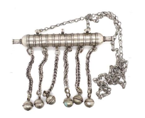 Tribal amulet and necklace probably a Yemeni Hirz.. Approx chain length 60cm, 40 grams. Tests as low grade or plate