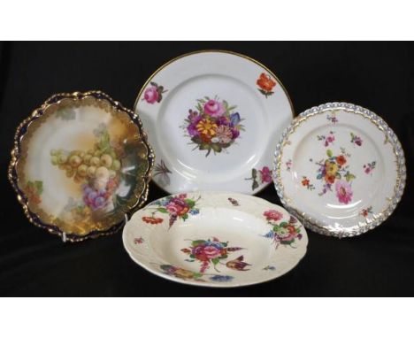 Three various antique English ceramic plates including a Derby dish, polychrome colours, attributed to William Billingsley, (