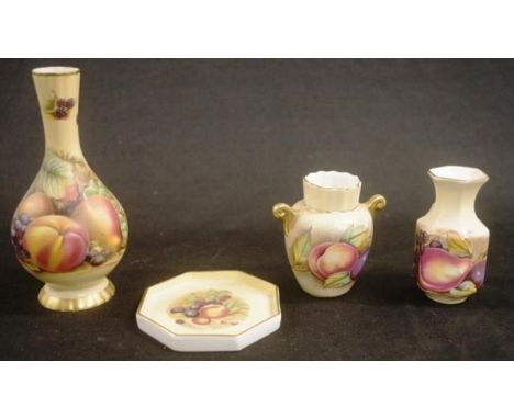 Four various Aynsley ceramic pieces each with fruit decoration, including 3 various posy vases, (height 16cm approx, tallest)
