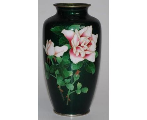 Japanese cloisonne mantle vase red rose decorated on green ground, (height 22cm approx).