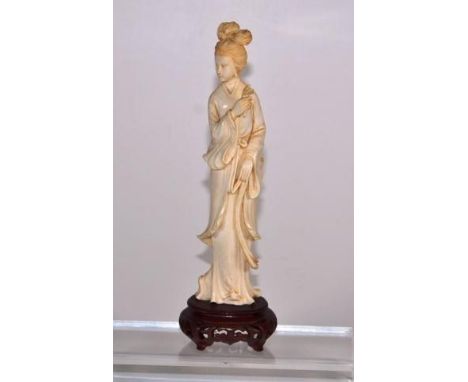 Vintage carved ivory figure of a lady on timber stand, 20cm high not including stand, C:1920, NB This item cannot be exported