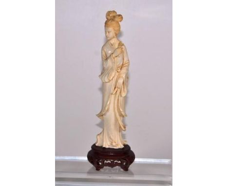 Vintage carved ivory figure of a lady on timber stand, 20cm high not including stand, C:1920, NB This item cannot be exported