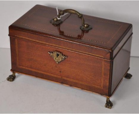 George III mahogany tea caddy with boxwood &amp; ebony stringing, claw &amp; ball brass feet &amp; a brass top handle, 25cm w