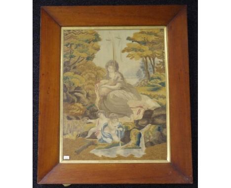 Antique needlework embellished print a/f in good frame 68cm x 56.5cm
