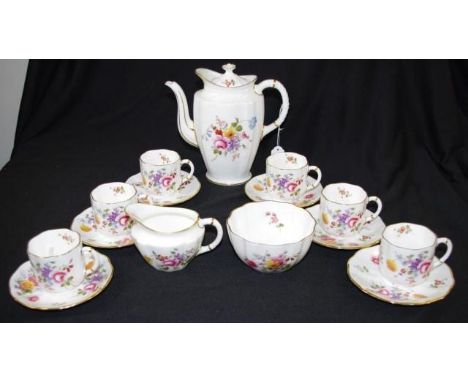 Fifteen piece Royal Crown Derby coffee set 'Derby Posies,' pattern, including 6 coffee cups and saucers, cream jug, sugar bow