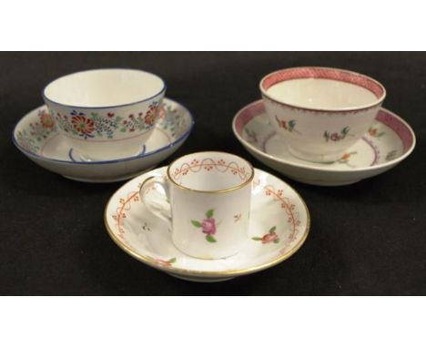 Two various Georgian tea bowls &amp; saucers each floral decorated, (rim chip to 1 cup with red border); together with a Geor