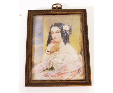 Antique signed hand painted portrait miniature portrait of a Lady in period dress, signed by d'Von Saar, in early brass frame