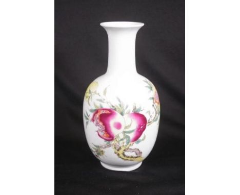 Chinese hand painted ceramic vase peach decorated, with Chinese script verso, four character mark to base, (height 23cm appro