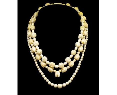 A group of three carved ivory beaded necklaces c. 1950sThese item may not be exported without CITES documentation.